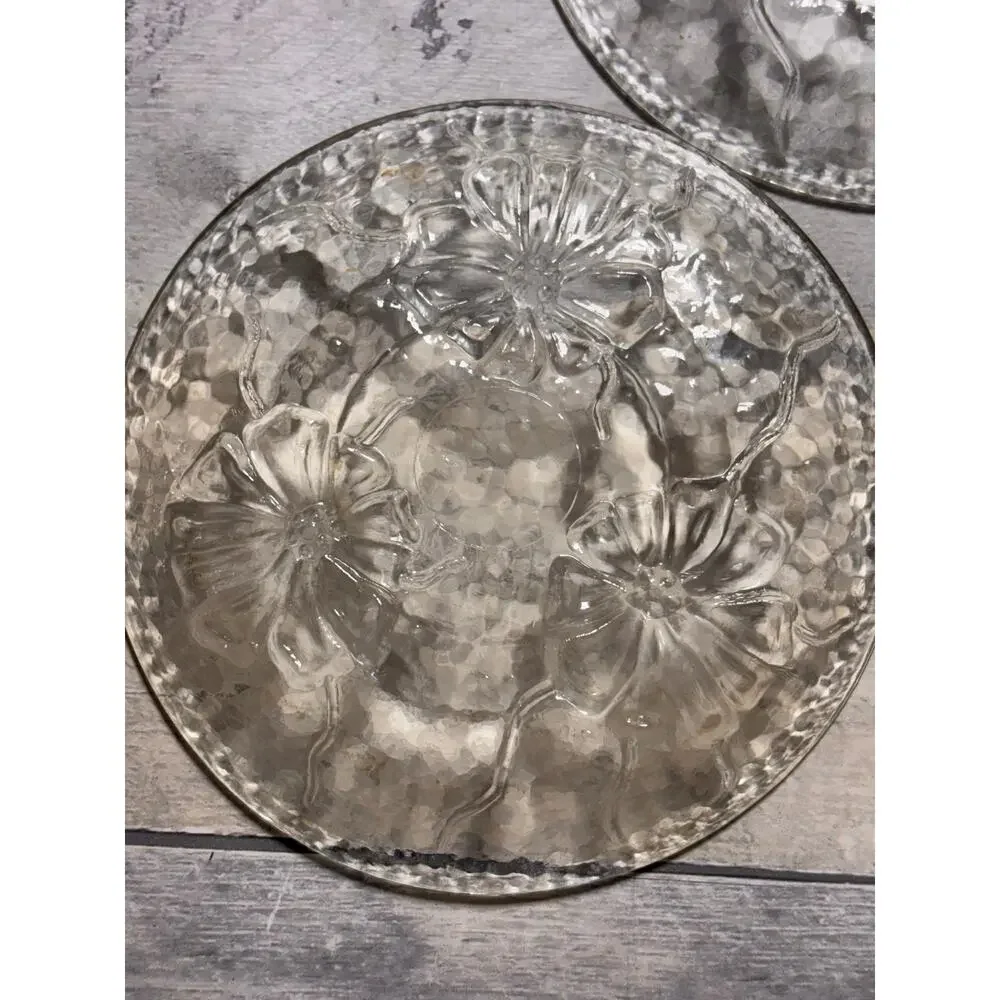 Set of 3 VINTAGE PRESSED GLASS SNACK PLATES ANCHOR HOCKING RAINFLOWER PATTERN!